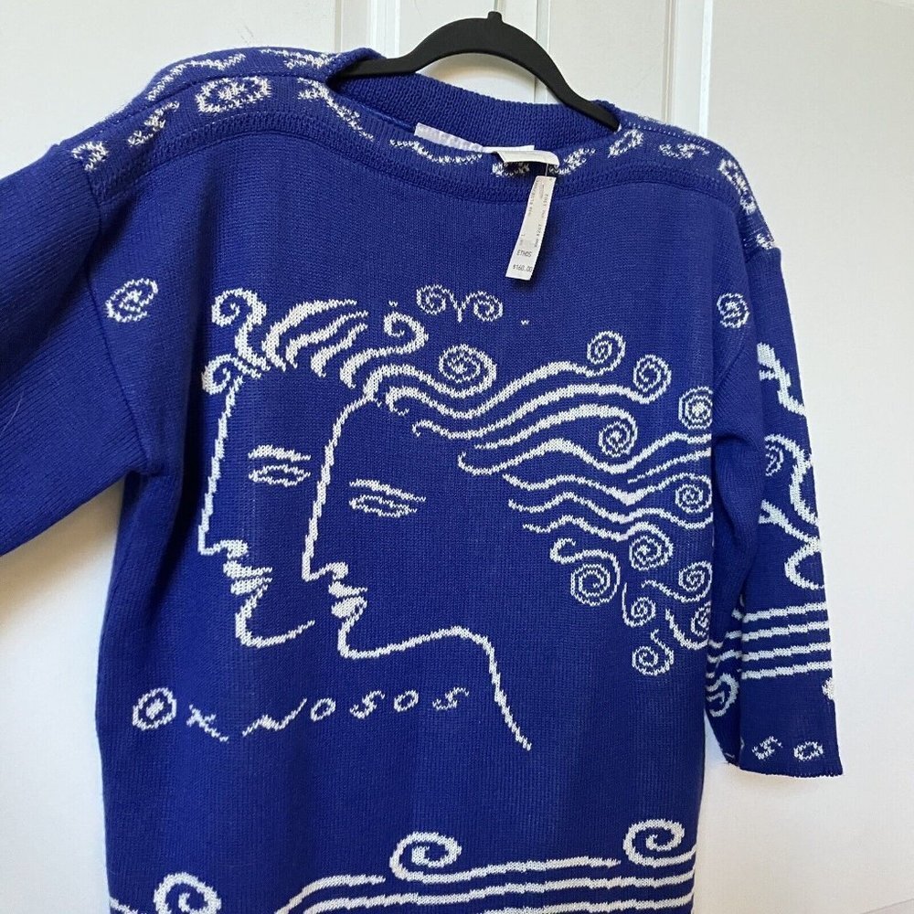 Vintage 80s Helen Knits Greek Blue Line Drawing 3/4 Sleeve Boatneck Sweater - Picture 5 of 6